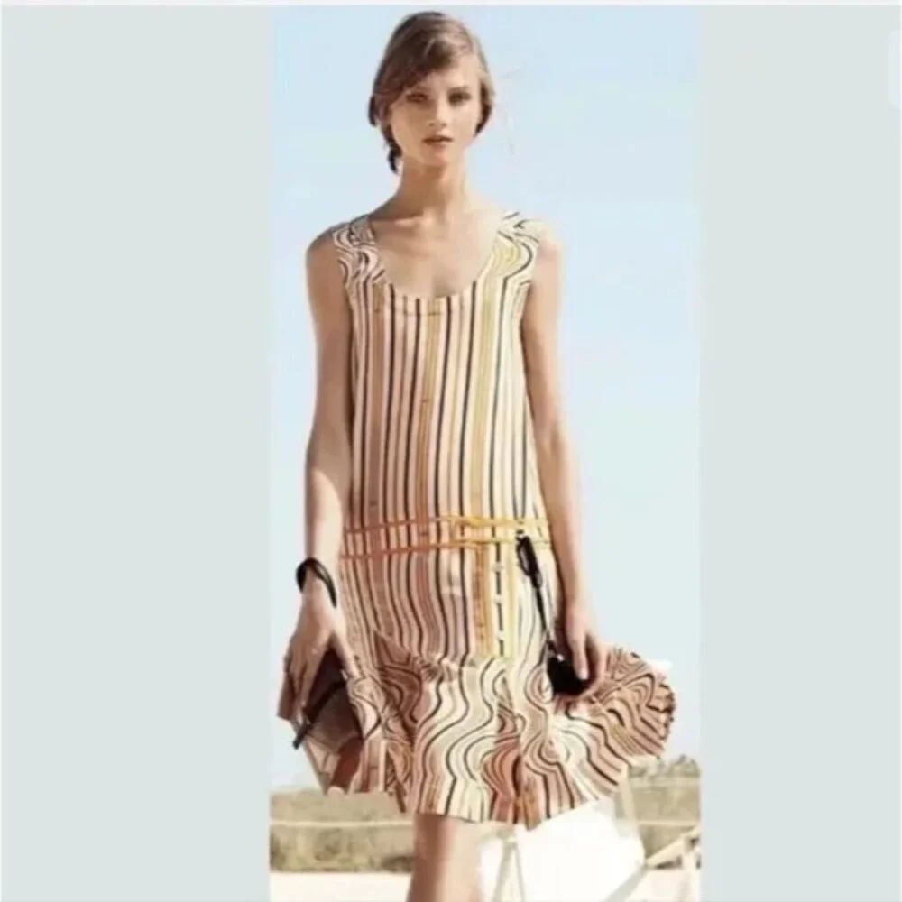 Tory Burch Womens Dress Size 4 Yellow Striped Scoop Neck Knee Length Pure Silk